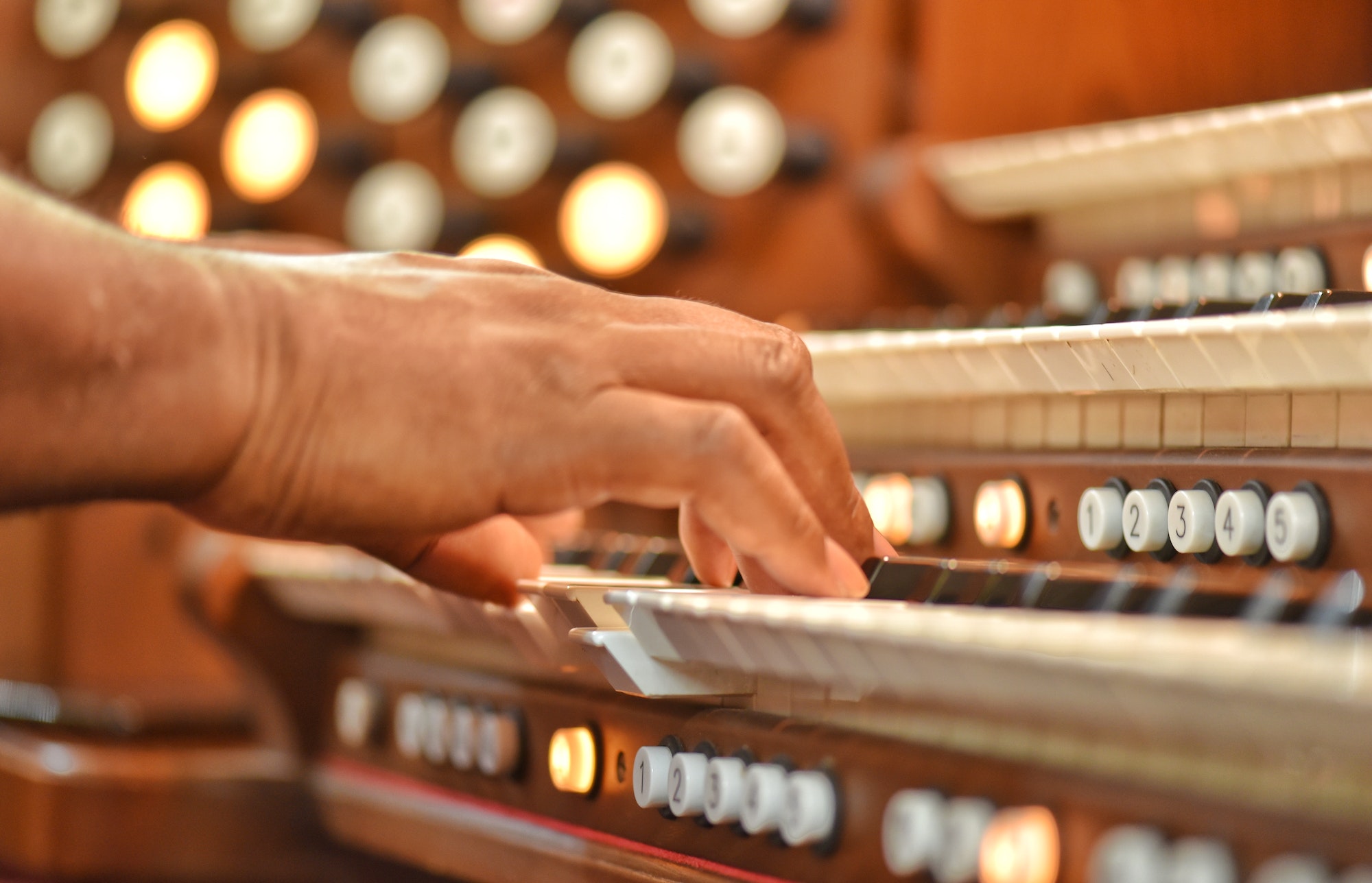 An unrecognizable diverse black musician plays the organ at a Sunday morning worship service